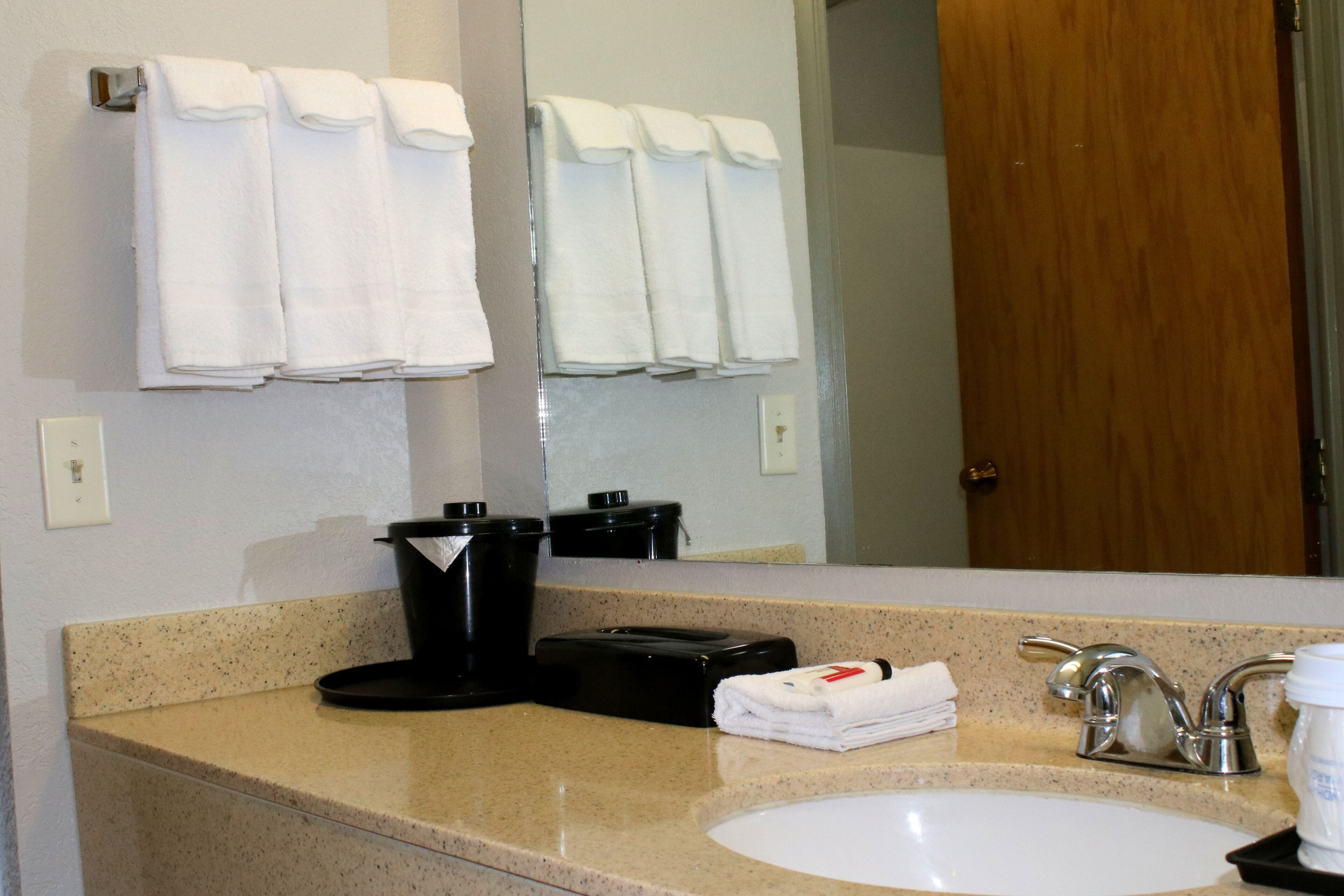 A hotel bathroom with a sink, mirror, towel rack, and a door.