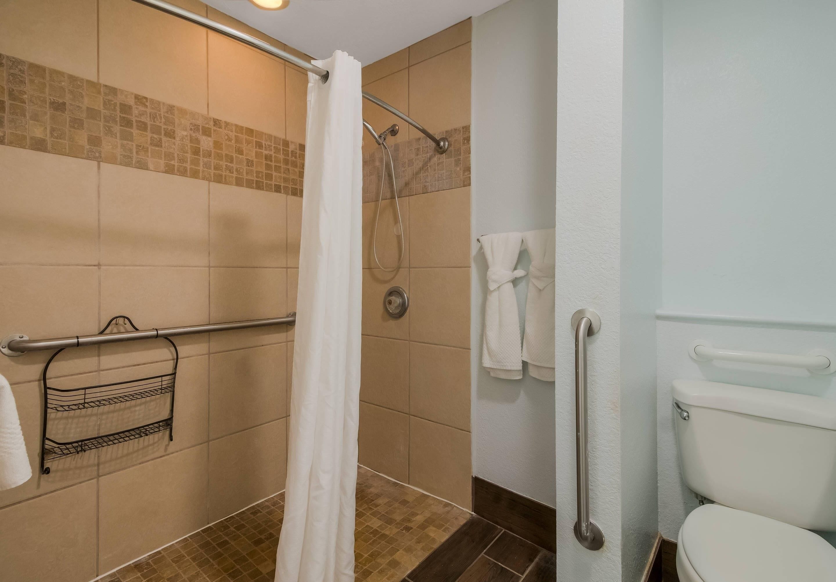 Une salle de bain équipée d’une douche, de barres d’appui, d’un porte-serviettes et de toilettes.