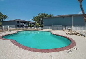 Outdoor pool, open 9:00 AM to 11:00 PM, sun loungers