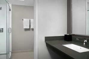 Combined shower/tub, hair dryer, towels