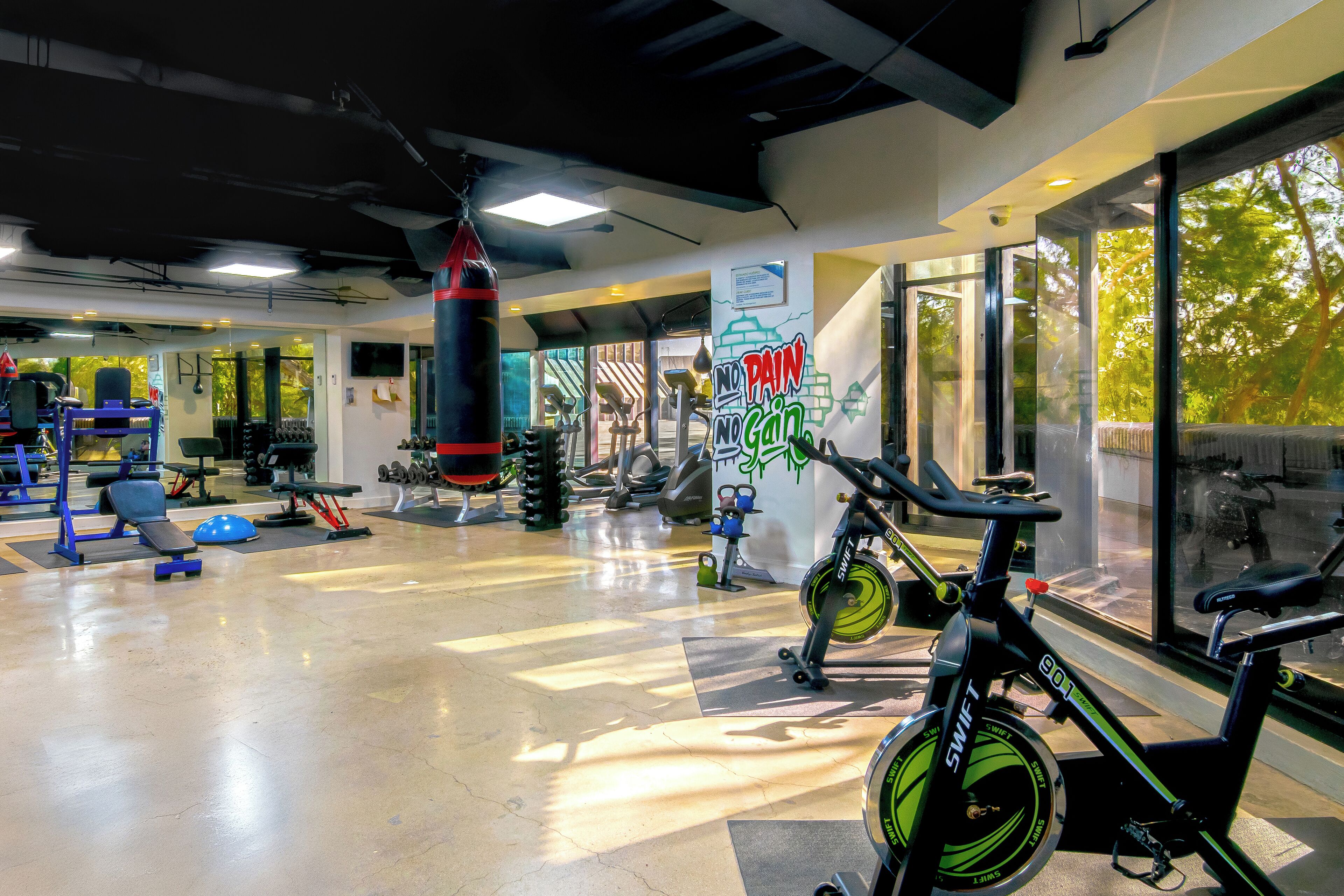 Una palestra con attrezzi per esercizi, un sacco da boxe e una bicicletta.