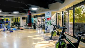 A gym with exercise equipment, a punching bag, and a bike.