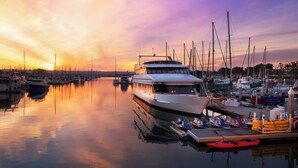 A marina with boats docked, a large white yacht, and a sunset in the background. - Sheraton San Diego Resort (San Diego)