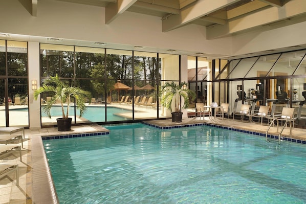 Indoor pool, seasonal outdoor pool, pool umbrellas, sun loungers