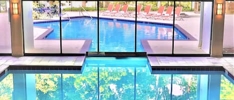 Indoor pool, seasonal outdoor pool, pool umbrellas, sun loungers