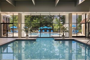 Una piscina interna con pareti di vetro trasparente, poltrone reclinabili blu e piante in vaso.