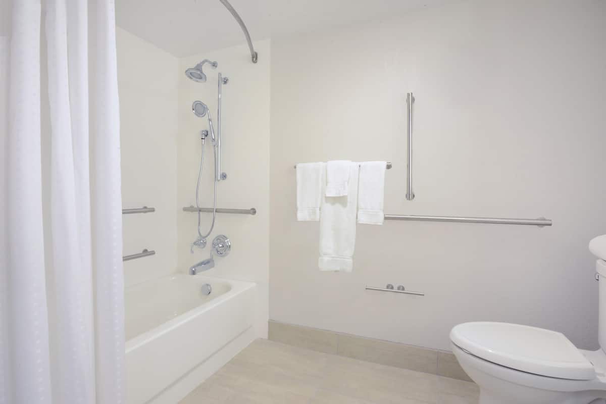 standard room, 1 king bed, accessible bathtub (comm, access tub) | bathroom | combined shower/bathtub, free toiletries, hair dryer, towels