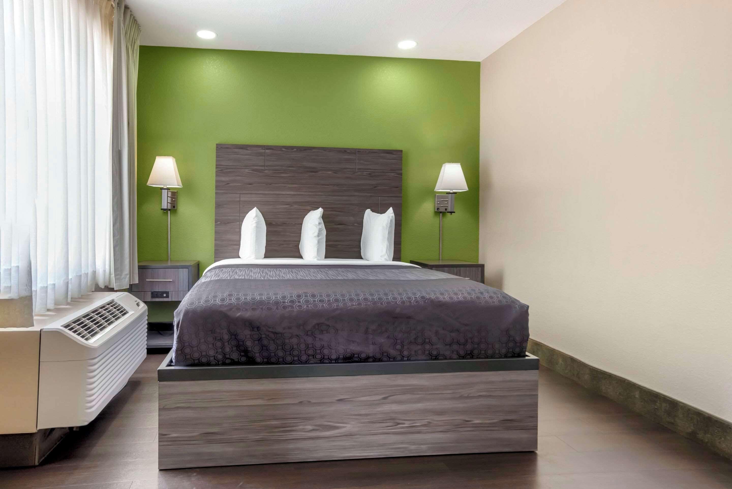 A modern hotel room with a large bed, two bedside lamps, a heater, and a green accent wall.