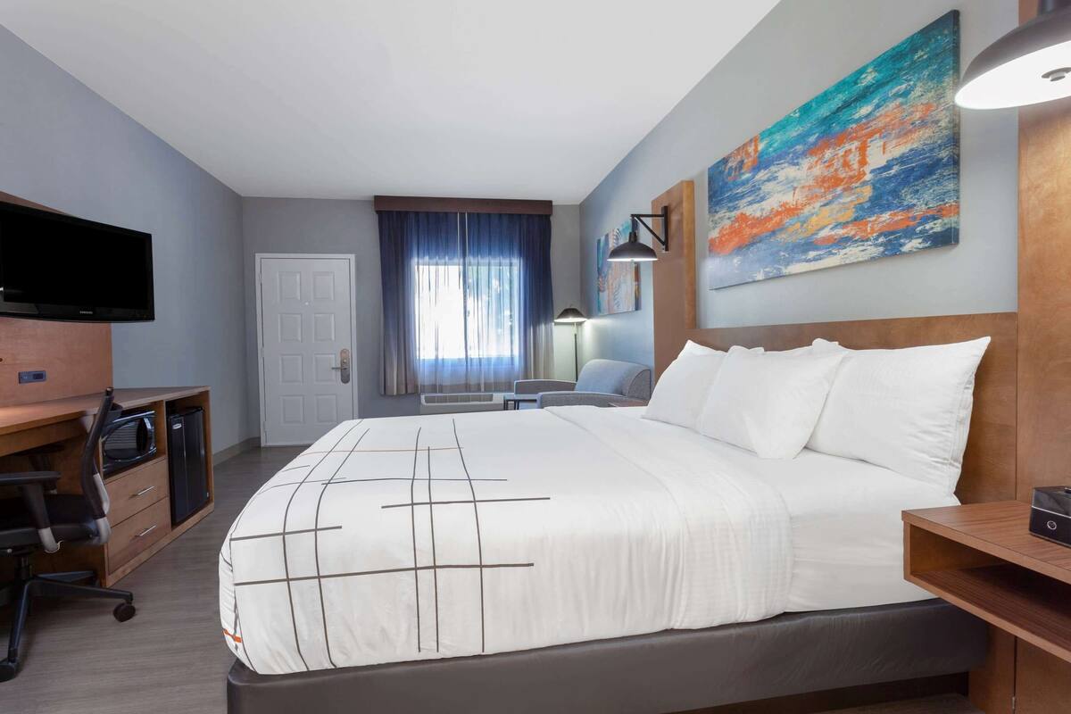 Habitación de hotel con cama, escritorio, silla, televisor, obras de arte y una ventana con cortinas.