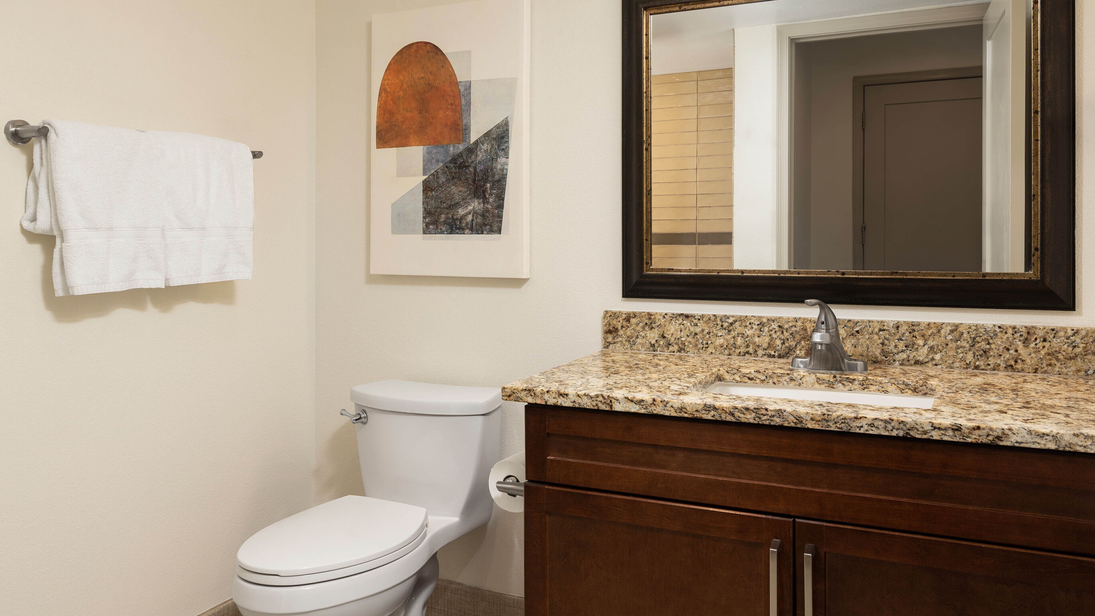 A bathroom with a toilet, sink, and mirror.
