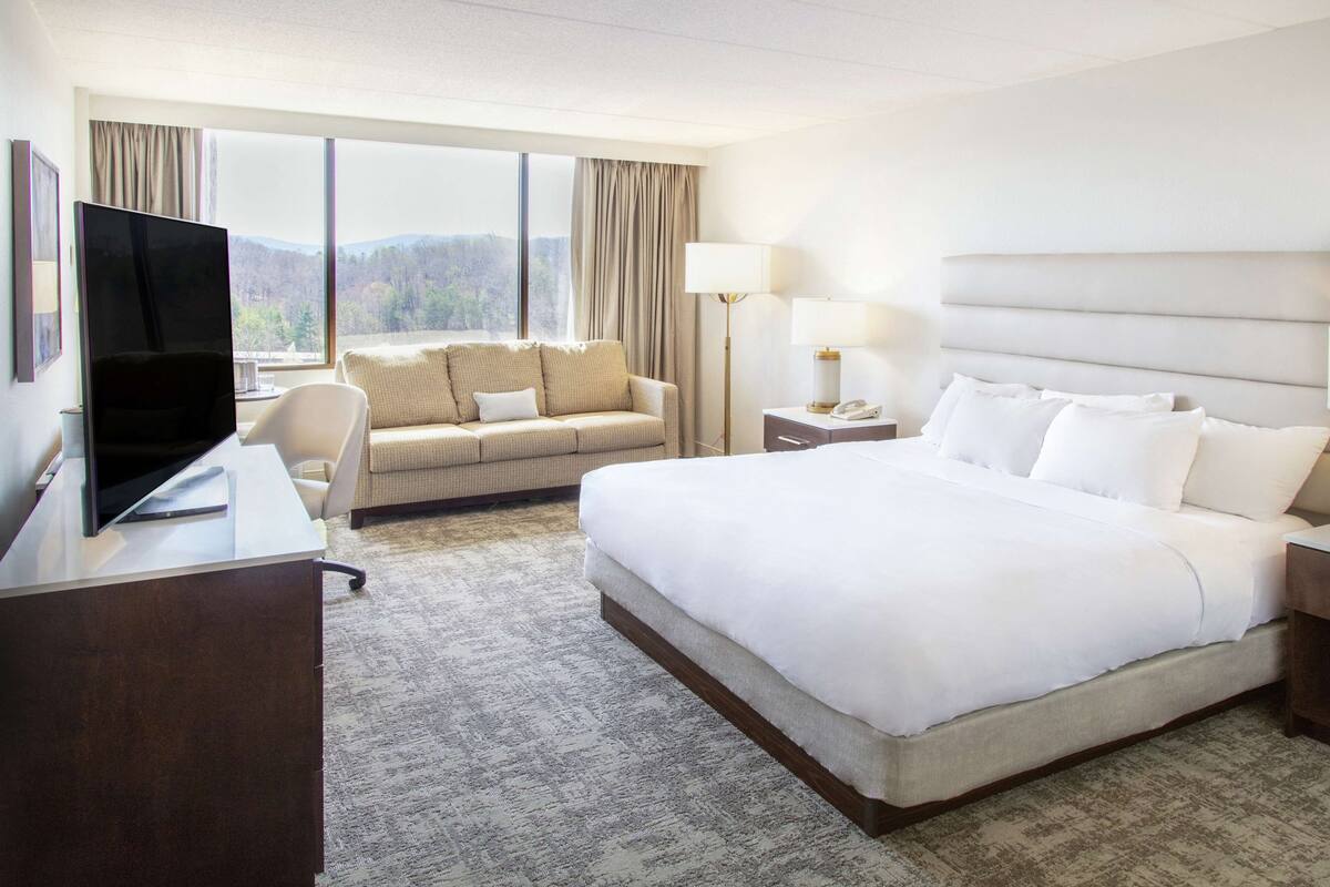 Habitación de hotel con una cama grande, un sofá, un escritorio con televisor y vistas al exterior.