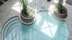 Une piscine intérieure agrémentée de deux plantes en pot, dotée d’un sol carrelé et dont l’eau est d’une clarté parfaite.