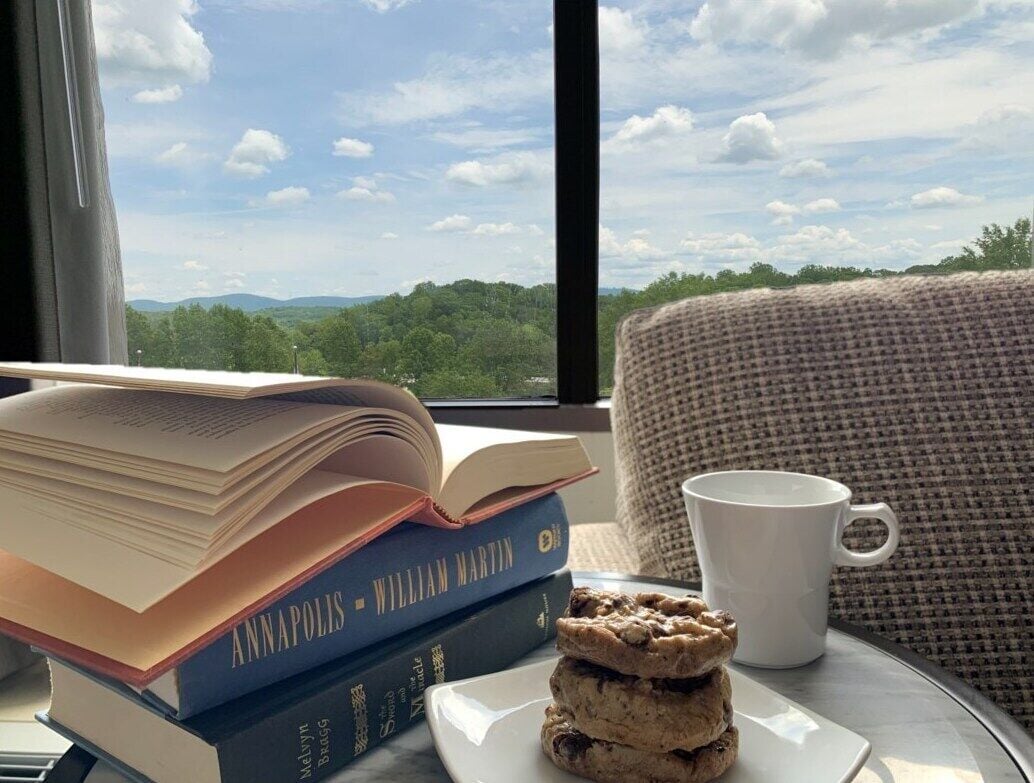 A stack of books, a plate with cookies, and a white mug on a table with a view of trees and mountains through a window.