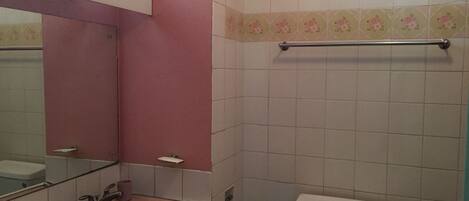 A bathroom with a pink wall, a white toilet, a sink with a pink basin, and a mirror above the sink.