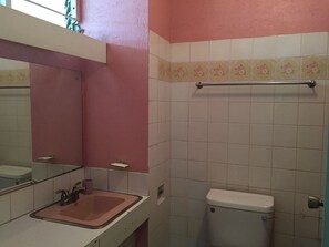 A bathroom with a pink wall, a white toilet, a sink with a pink basin, and a mirror above the sink. - Walmer Lodge Apartments (Bridgetown)