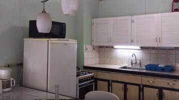 Full-size fridge, oven, stovetop, rice cooker