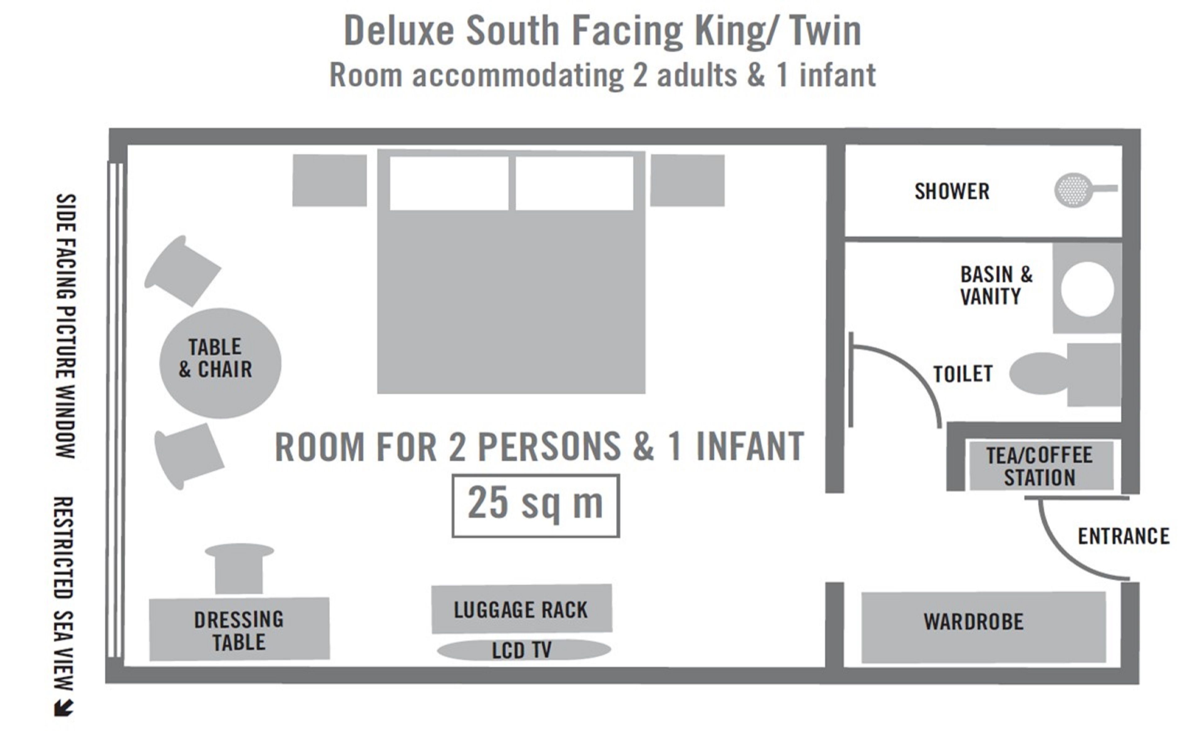 A Deluxe South Facing King/Twin room layout with a 25 sq m area, including a dressing table, luggage rack, LCD TV, table & chair, shower, basin & vanity, toilet, tea/coffee station, entrance, and wardrobe.
