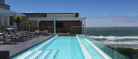 Indoor pool, outdoor pool, sun loungers