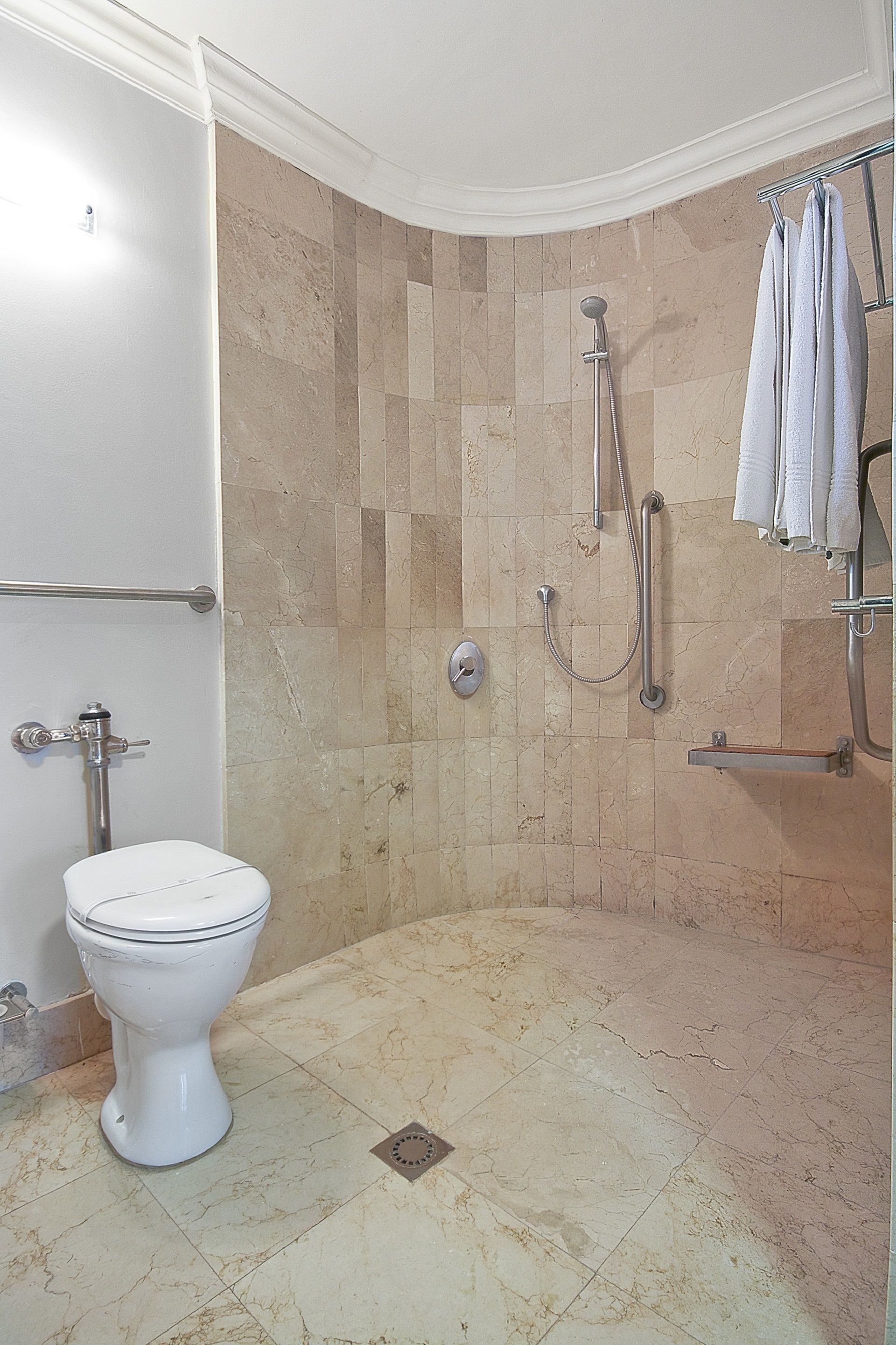 A bathroom with a toilet, a shower with a grab bar, and a towel rack.