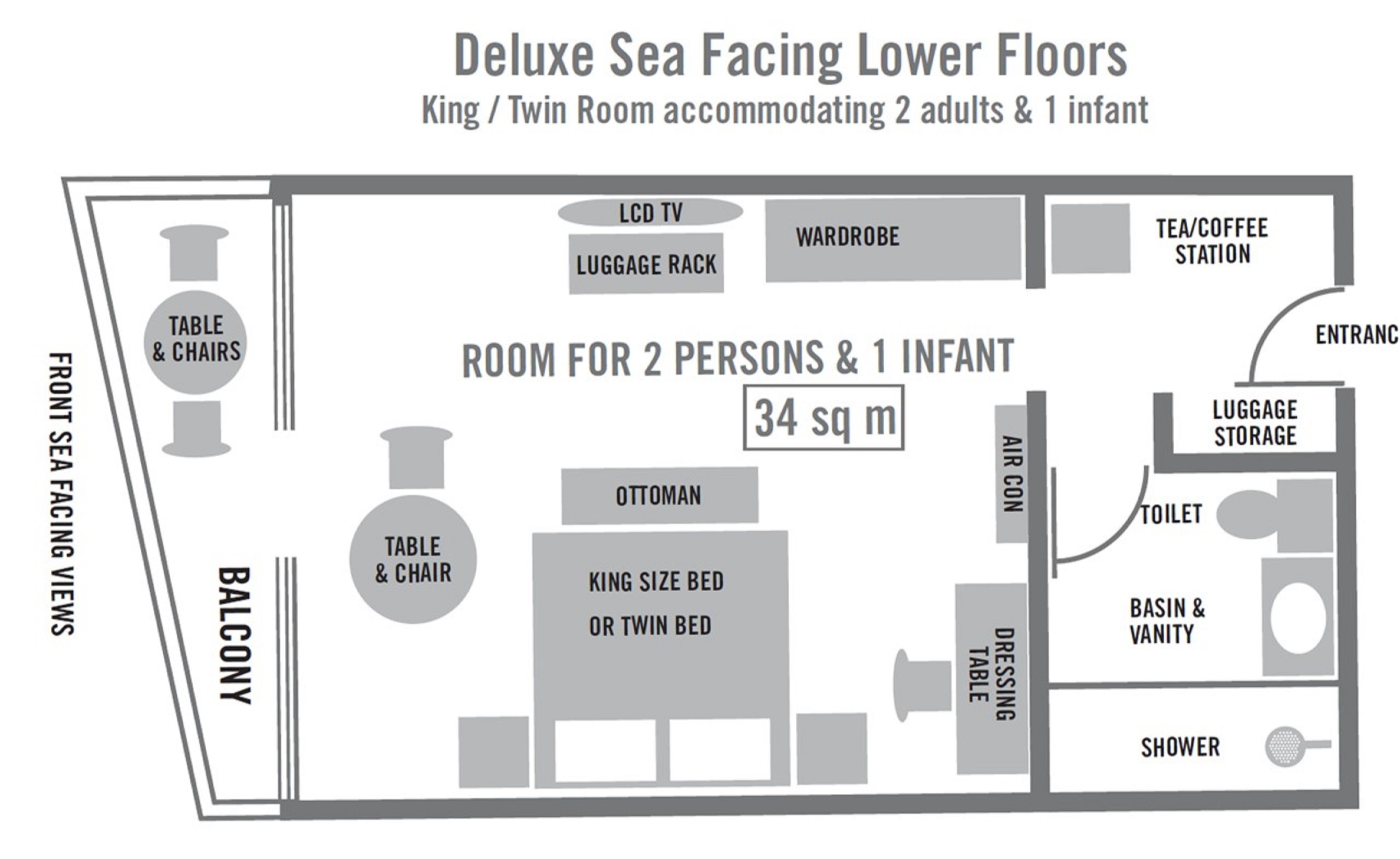 A Deluxe Sea Facing Lower Floors King/Twin Room layout with 2 adults and 1 infant, including a balcony, table & chairs, LCD TV, luggage rack, wardrobe, tea/coffee station, and an entrance.