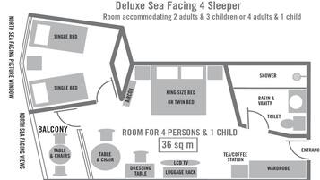 A Deluxe Sea Facing 4 Sleeper room layout with a single bed, king size bed, balcony with tables and chairs, a dressing table, LCD TV, luggage rack, tea/coffee station, wardrobe, and a shower.