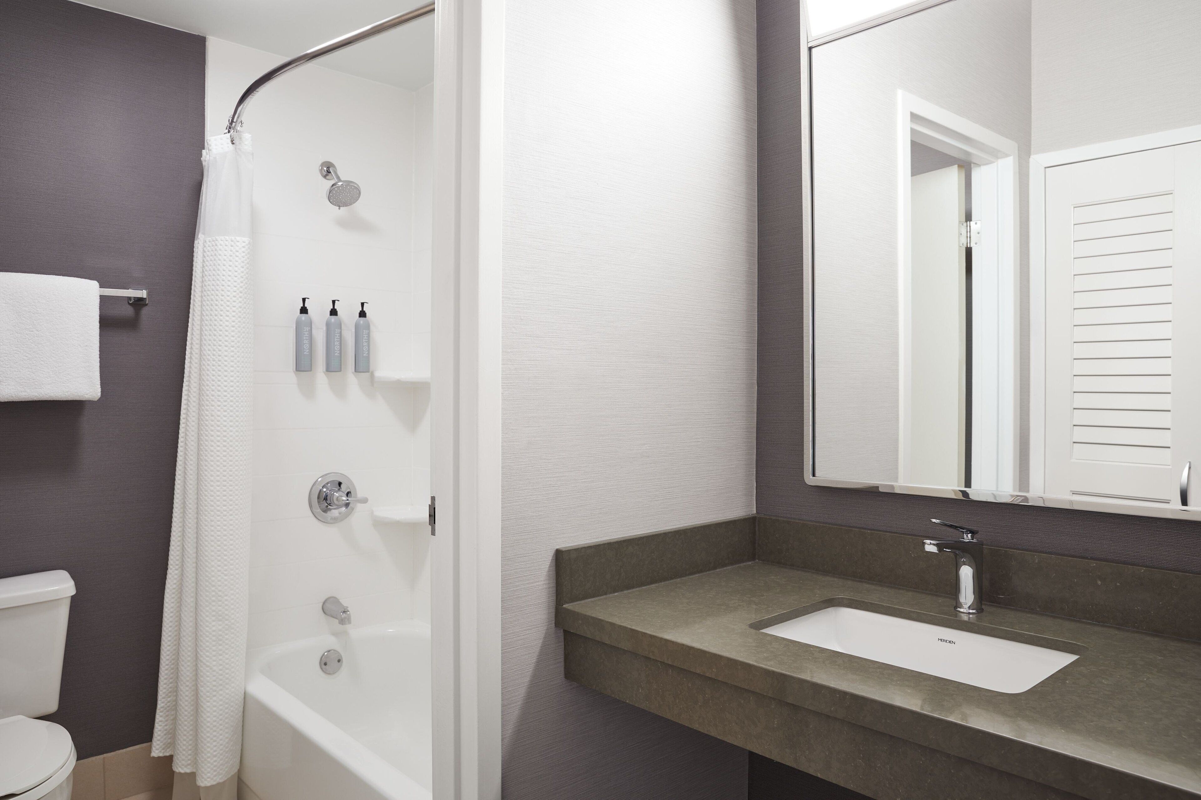 combined shower/bathtub, free toiletries, hair dryer, towels