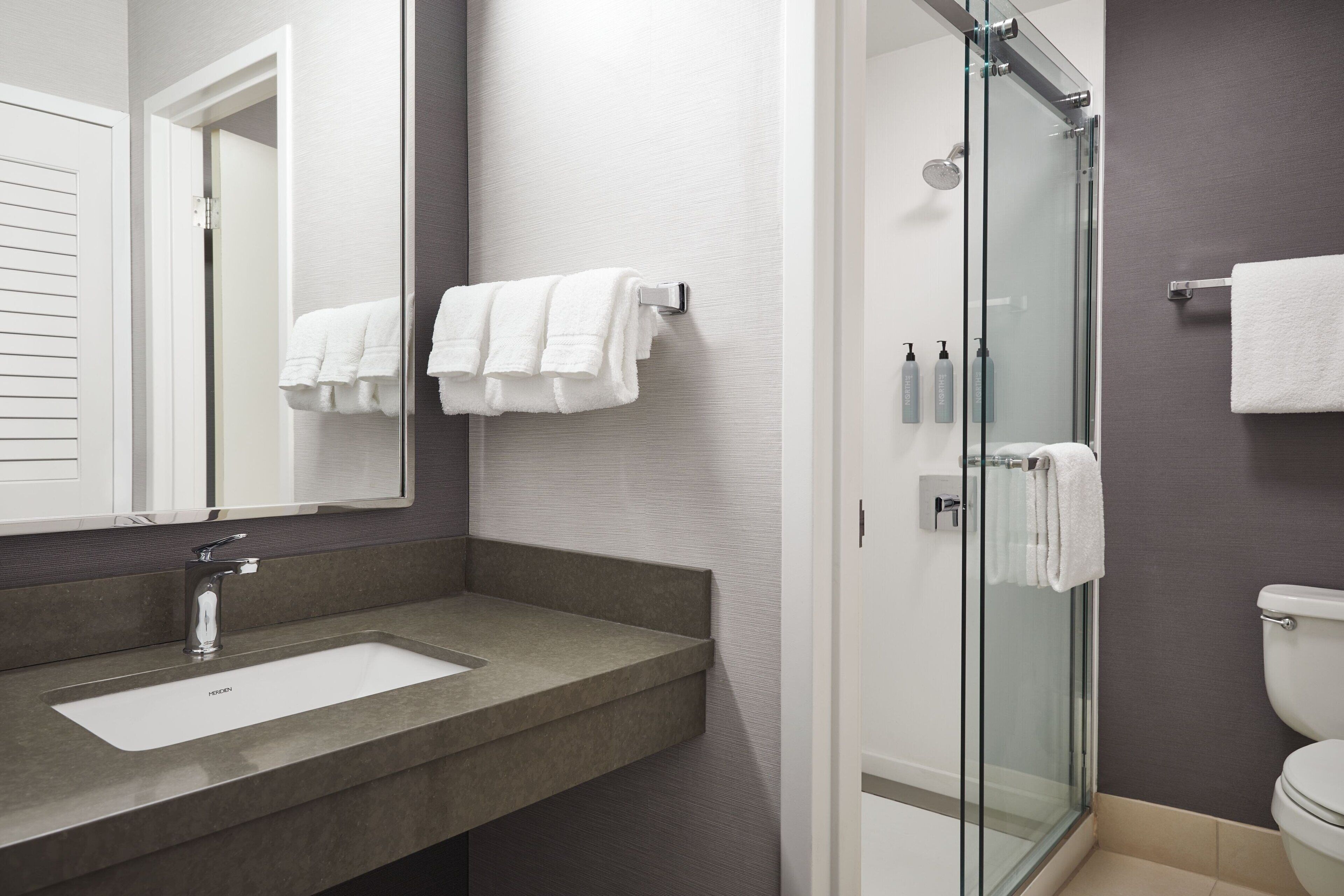 combined shower/bathtub, free toiletries, hair dryer, towels