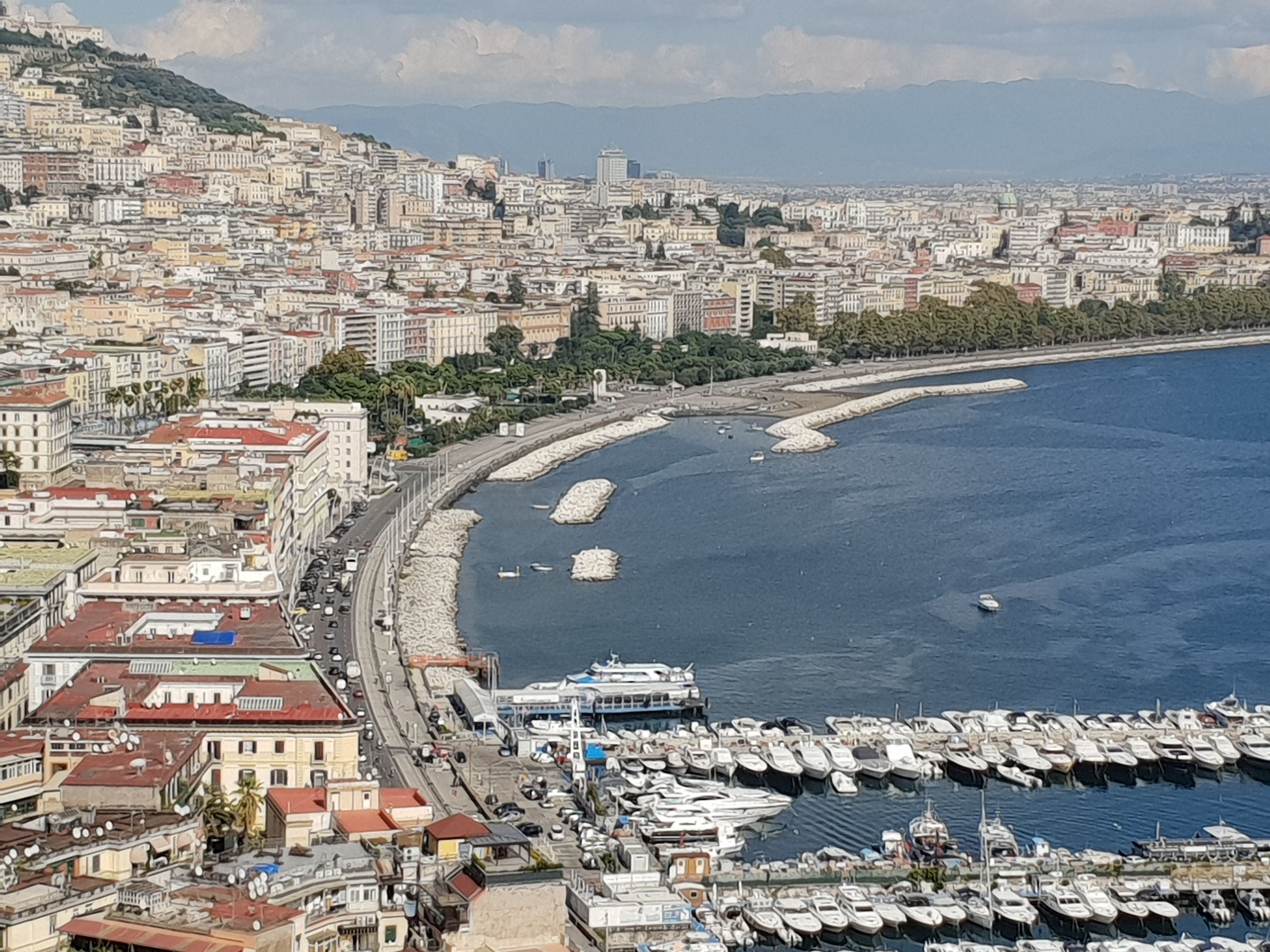 Paesaggio costiero con una marina piena di barche, edifici urbani densi e un litorale curvo.