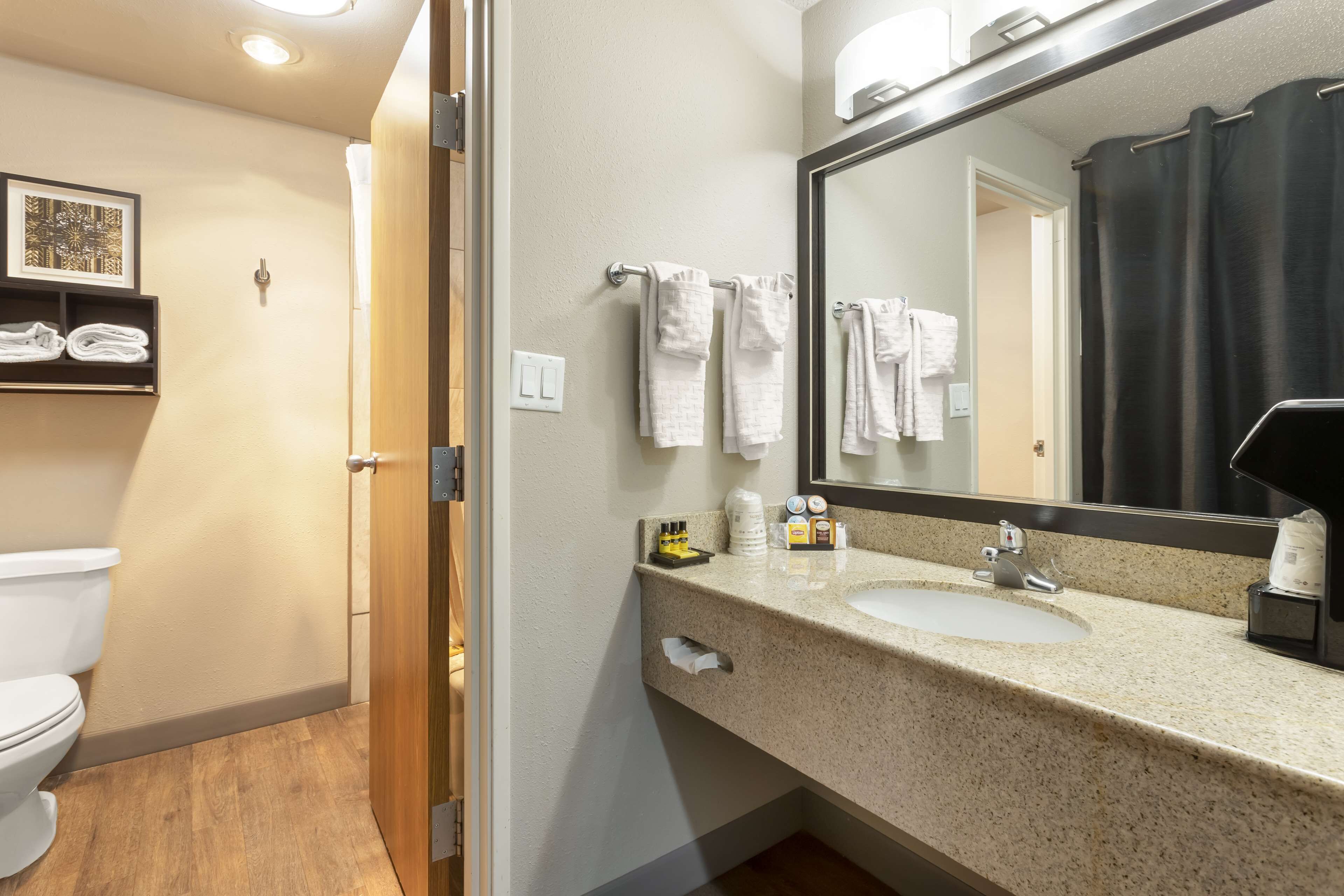 combined shower/bathtub, designer toiletries, hair dryer, towels