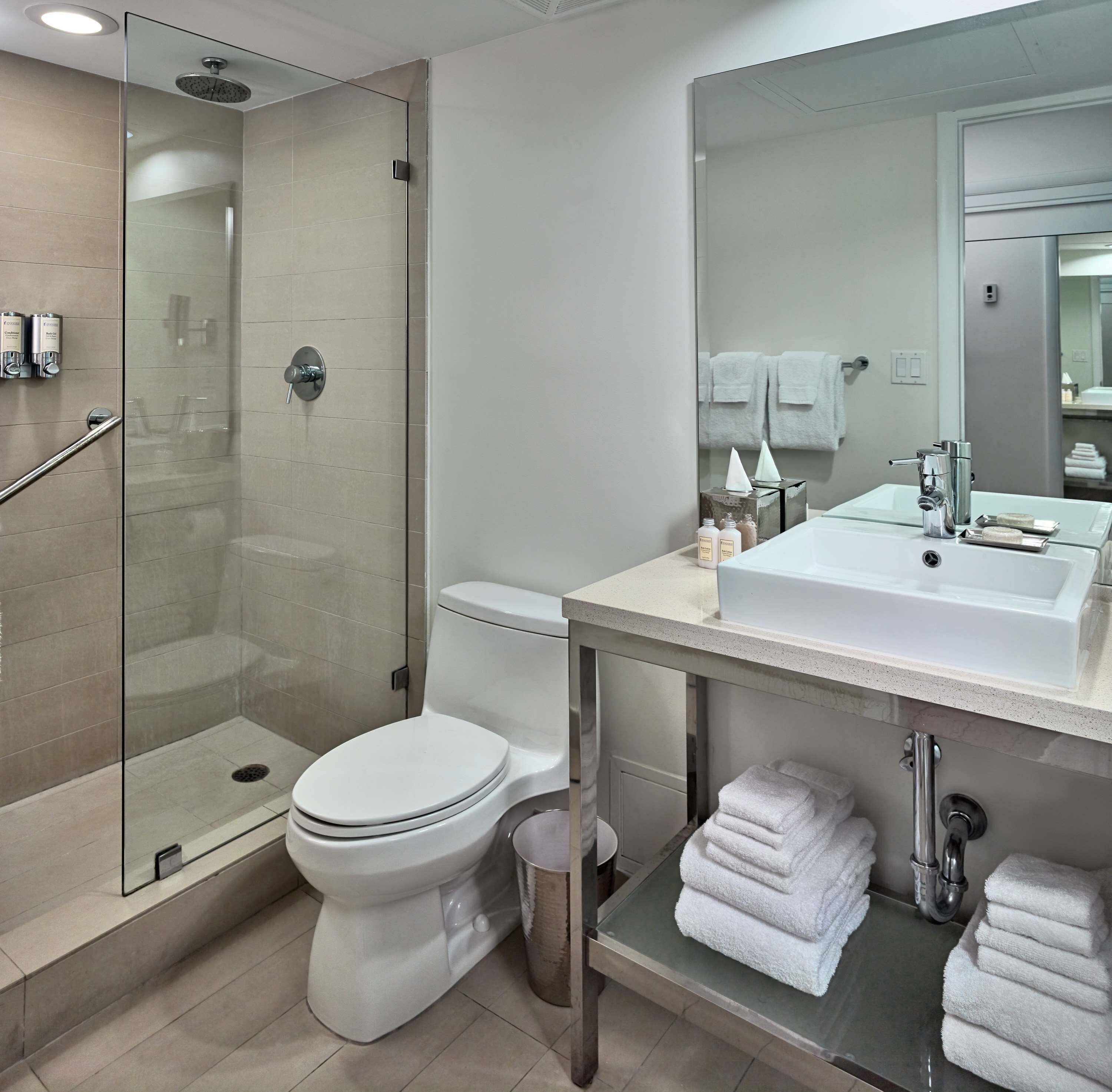 A modern bathroom with a glass-enclosed shower, a white toilet, and a vanity with a sink and mirror.