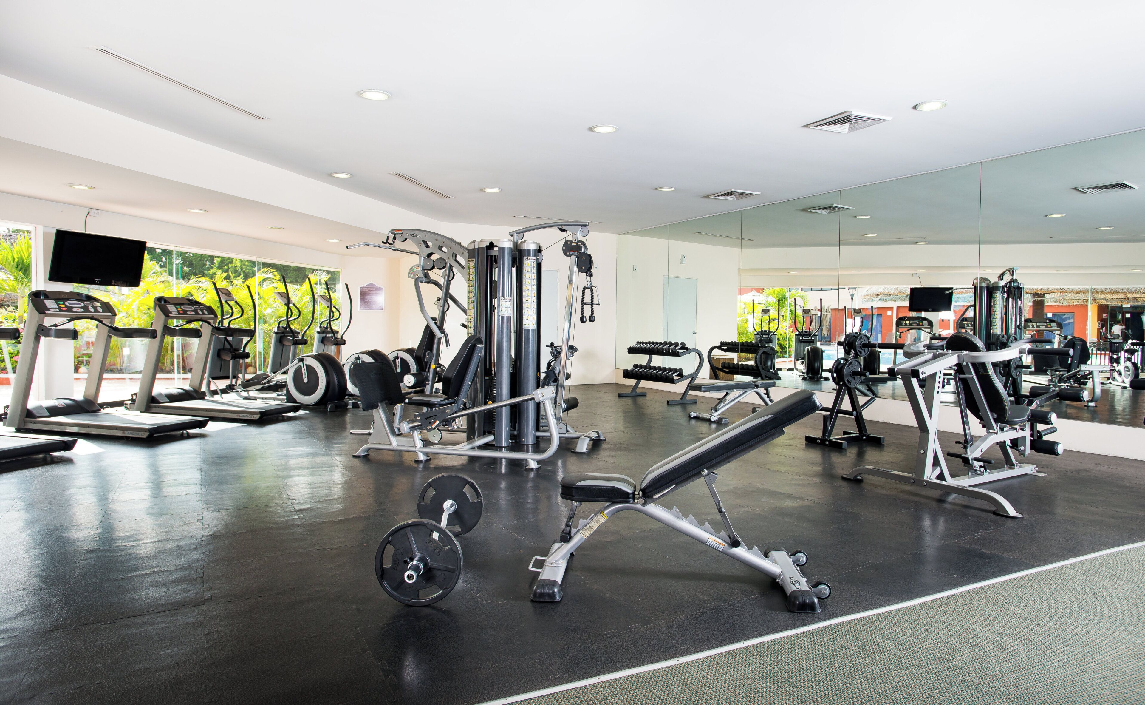 A gym with various exercise equipment, including treadmills, weight machines, and free weights.