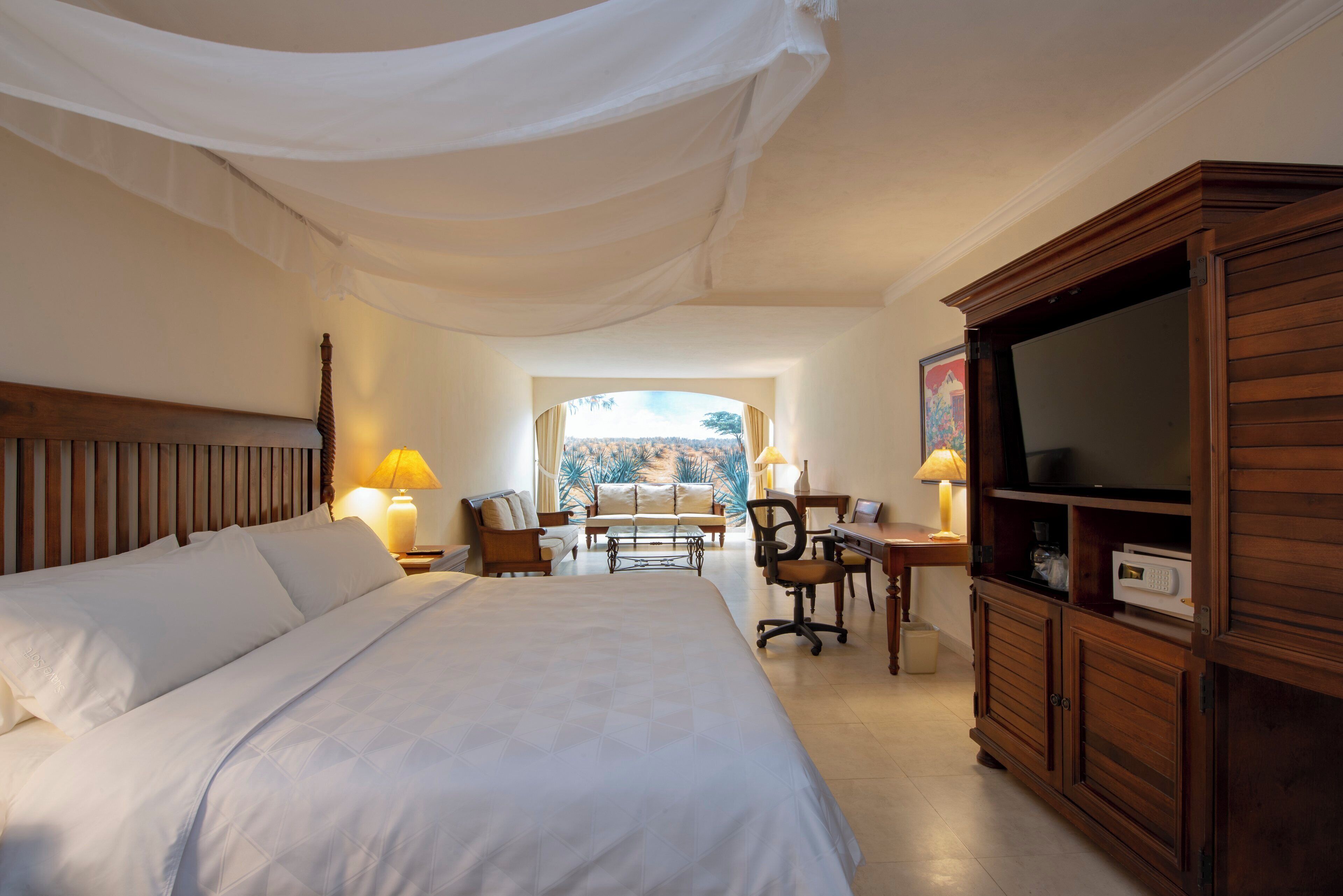 A hotel room with a large bed, a desk with a chair, a television, and a view of the outdoors.