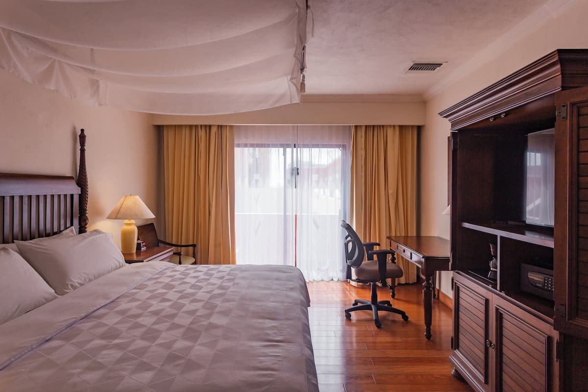 Habitación de hotel con una cama grande, un escritorio con una silla, un televisor y un armario.