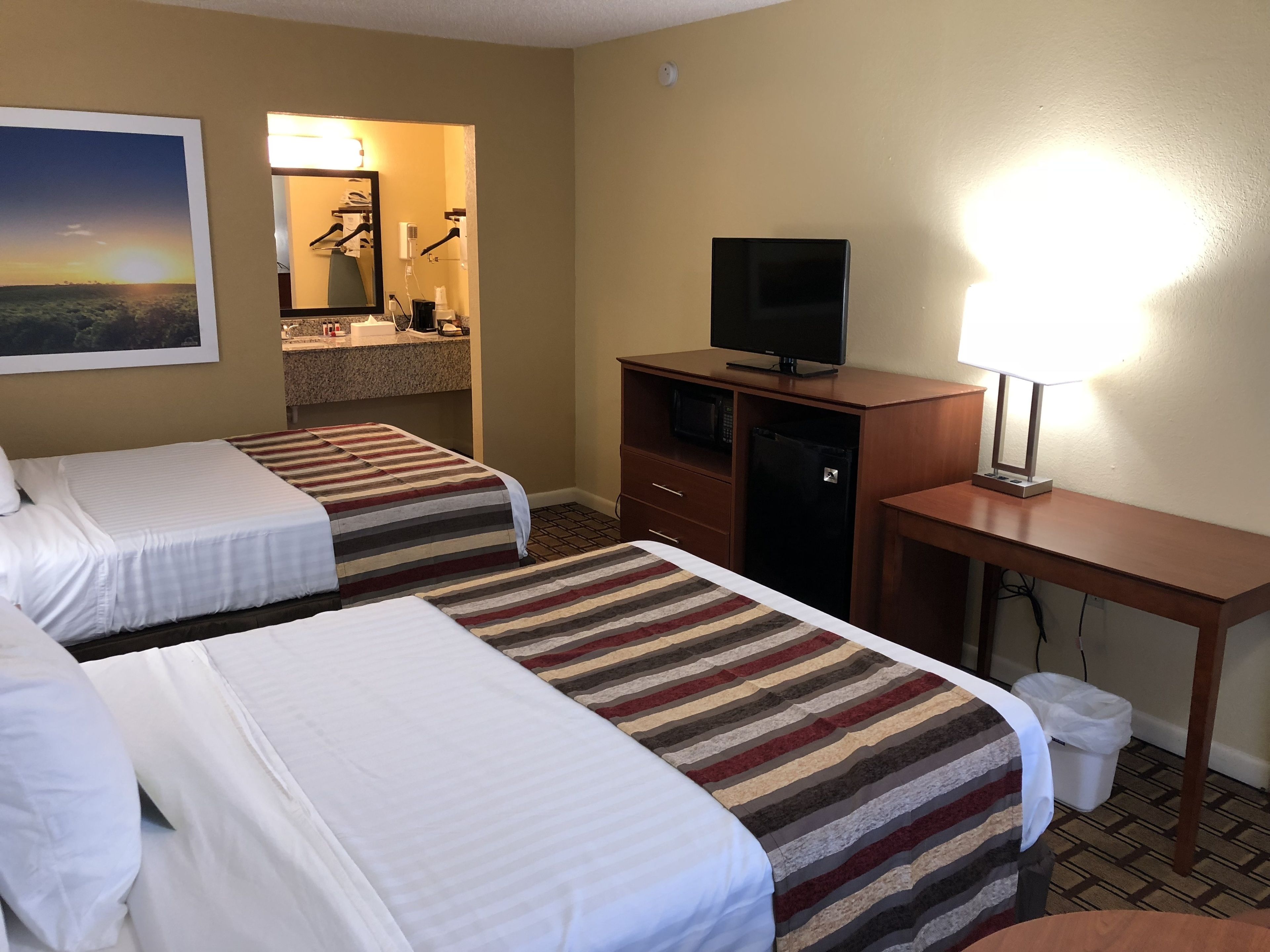 Habitación de hotel con dos camas, un escritorio con televisor, una lámpara, microondas y un bote de basura.