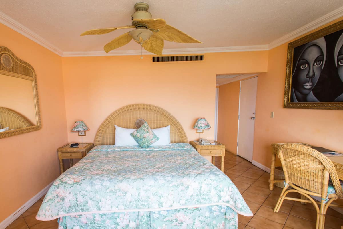 A bedroom with a bed, a nightstand, a chair, a ceiling fan, a mirror, and a door.