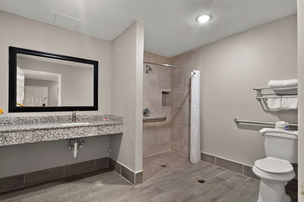 Room, 1 King Bed, Accessible, Non Smoking | Bathroom | Free toiletries, hair dryer, towels, soap