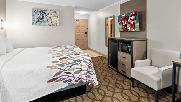 A hotel room with a bed, a TV, a desk, and a chair.