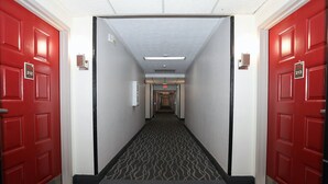 A hotel corridor with red doors numbered 212 and 213, carpeted floor, and a ceiling light.