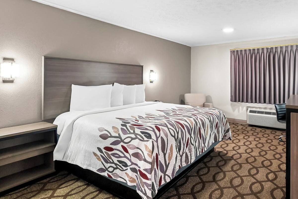 Une chambre d’hôtel équipée d’un lit, d’une table de chevet, d’une lampe, d’une chaise et d’un appareil de climatisation.