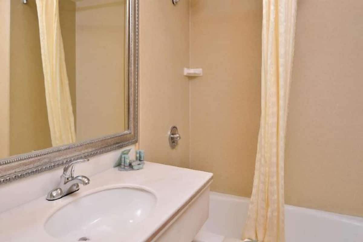 Bathroom | Combined shower/bathtub, free toiletries, hair dryer, towels