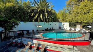 A pool area with a circular pool, lounge chairs, and a palm tree. - Best Western Hollywood Plaza Hotel - Walk of Fame Film City LA (Los Angeles)