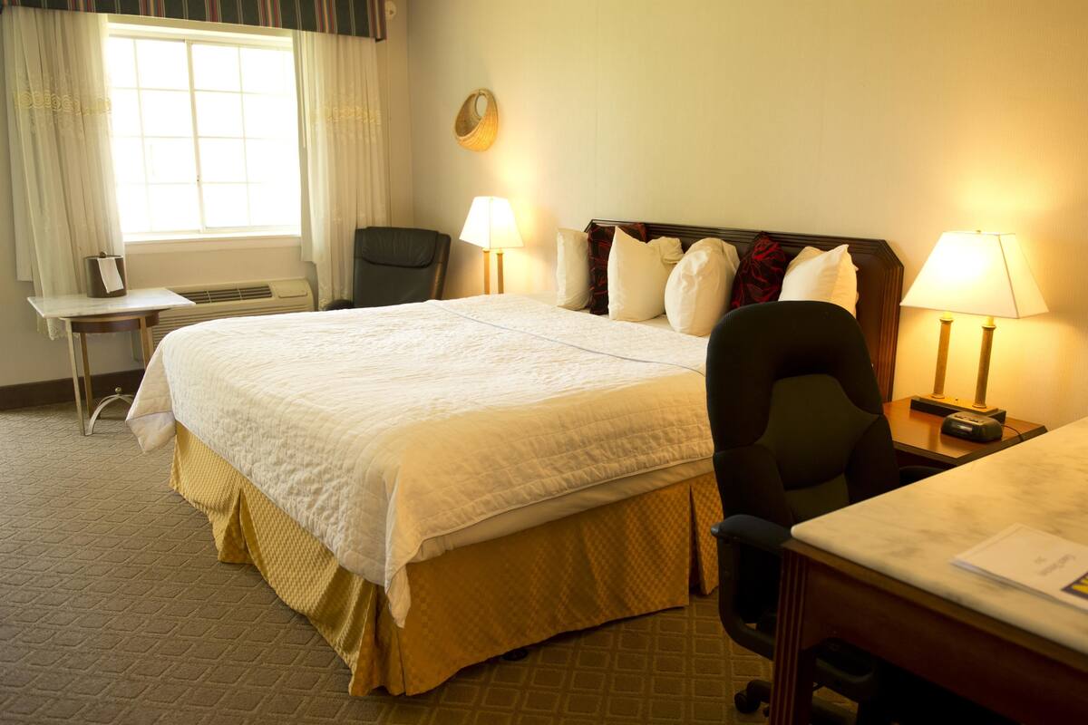 Une chambre d’hôtel avec un grand lit, deux lampes de chevet, un bureau et une chaise.