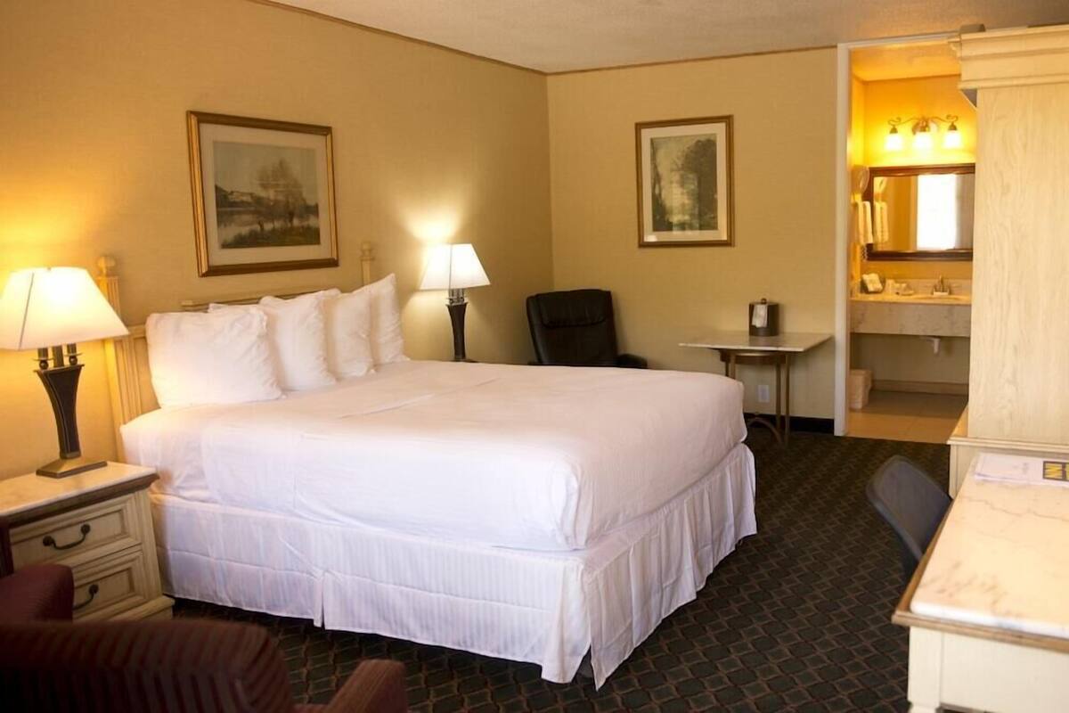 Une chambre d’hôtel avec un grand lit, un bureau, une chaise, une petite table, une lampe, un miroir et deux tableaux encadrés accrochés au mur.