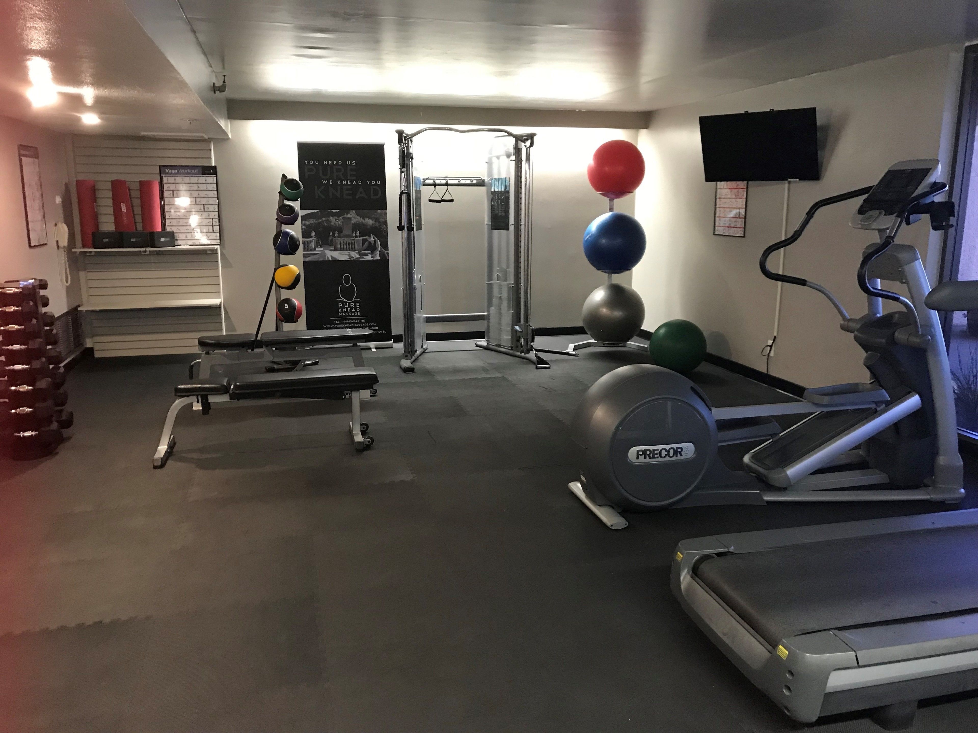 A gym with a treadmill, exercise balls, and weightlifting equipment.