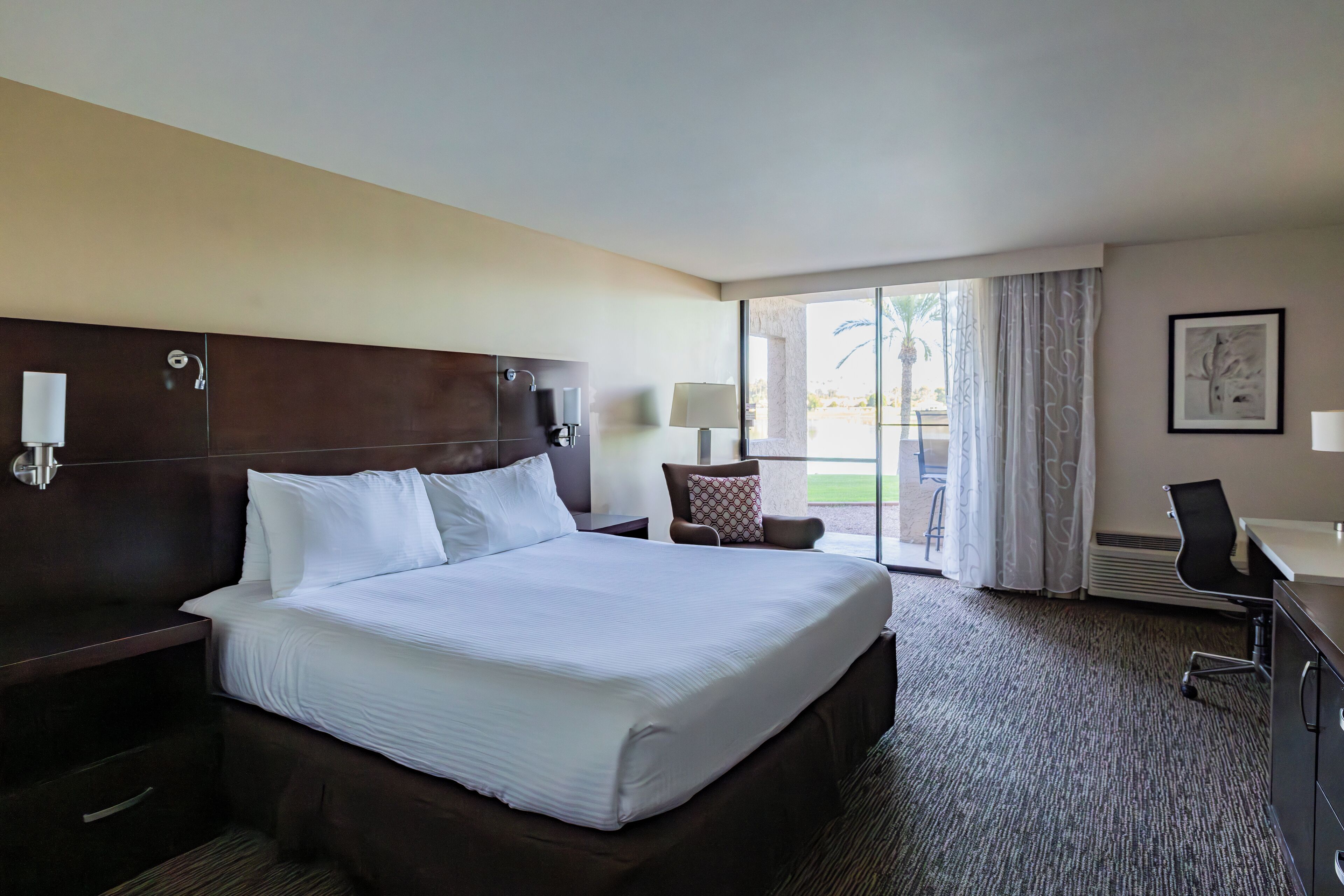 A hotel room with a large bed, a desk, a chair, a lamp, and a view of the outdoors.