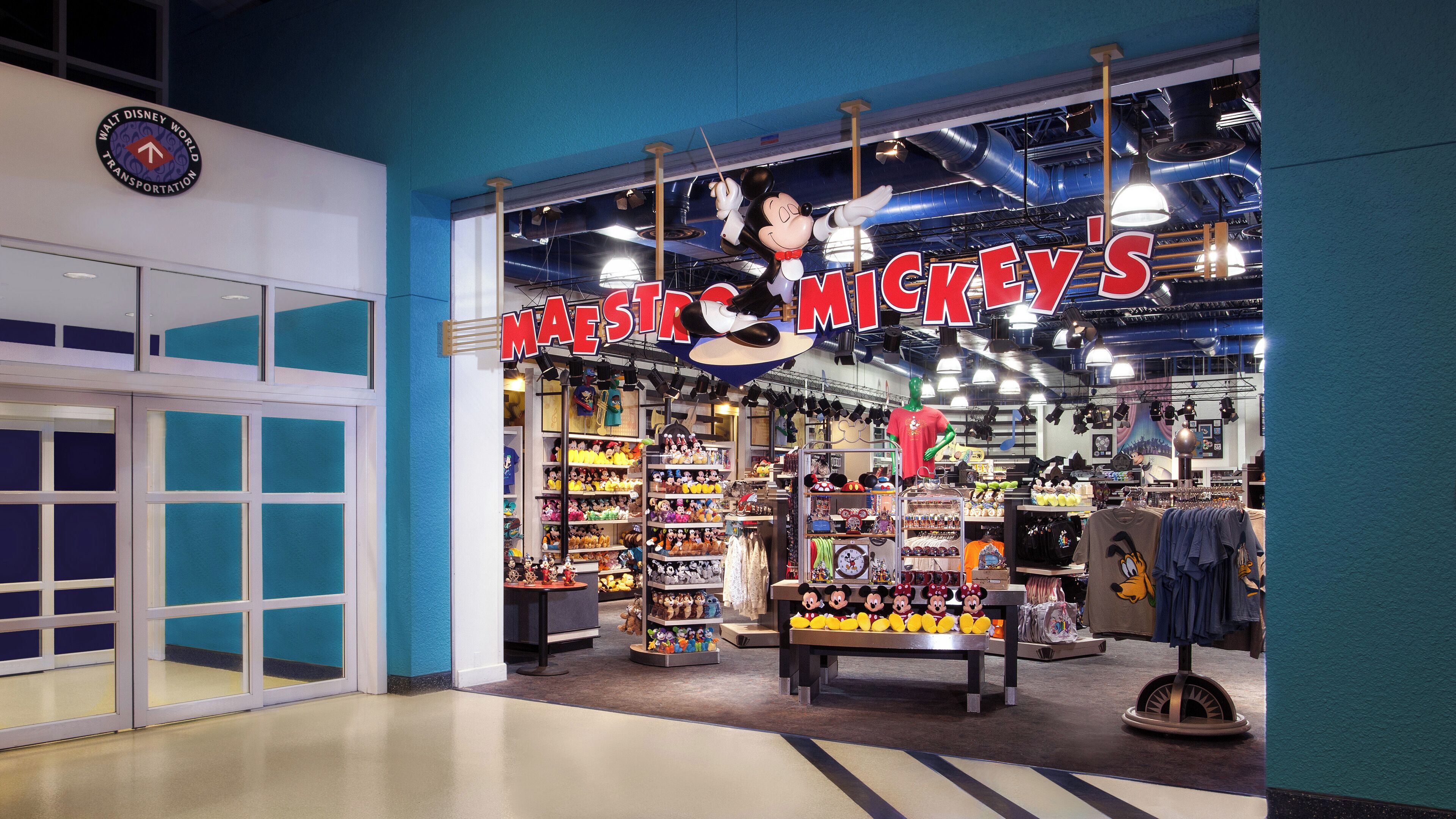 Walt Disney World's Mickey's store with merchandise and a large Mickey Mouse sign.