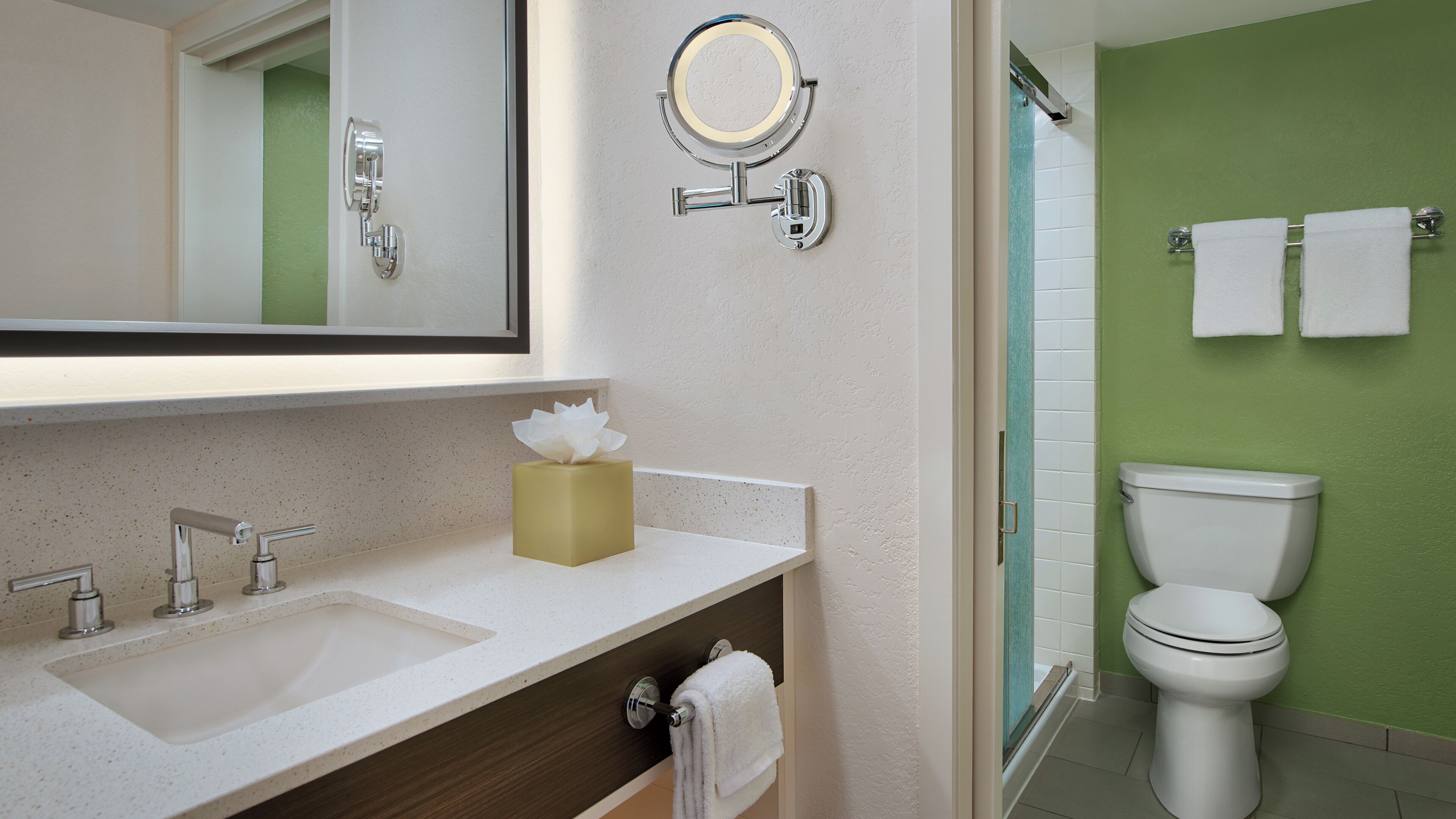 combined shower/bathtub, hair dryer, towels, soap