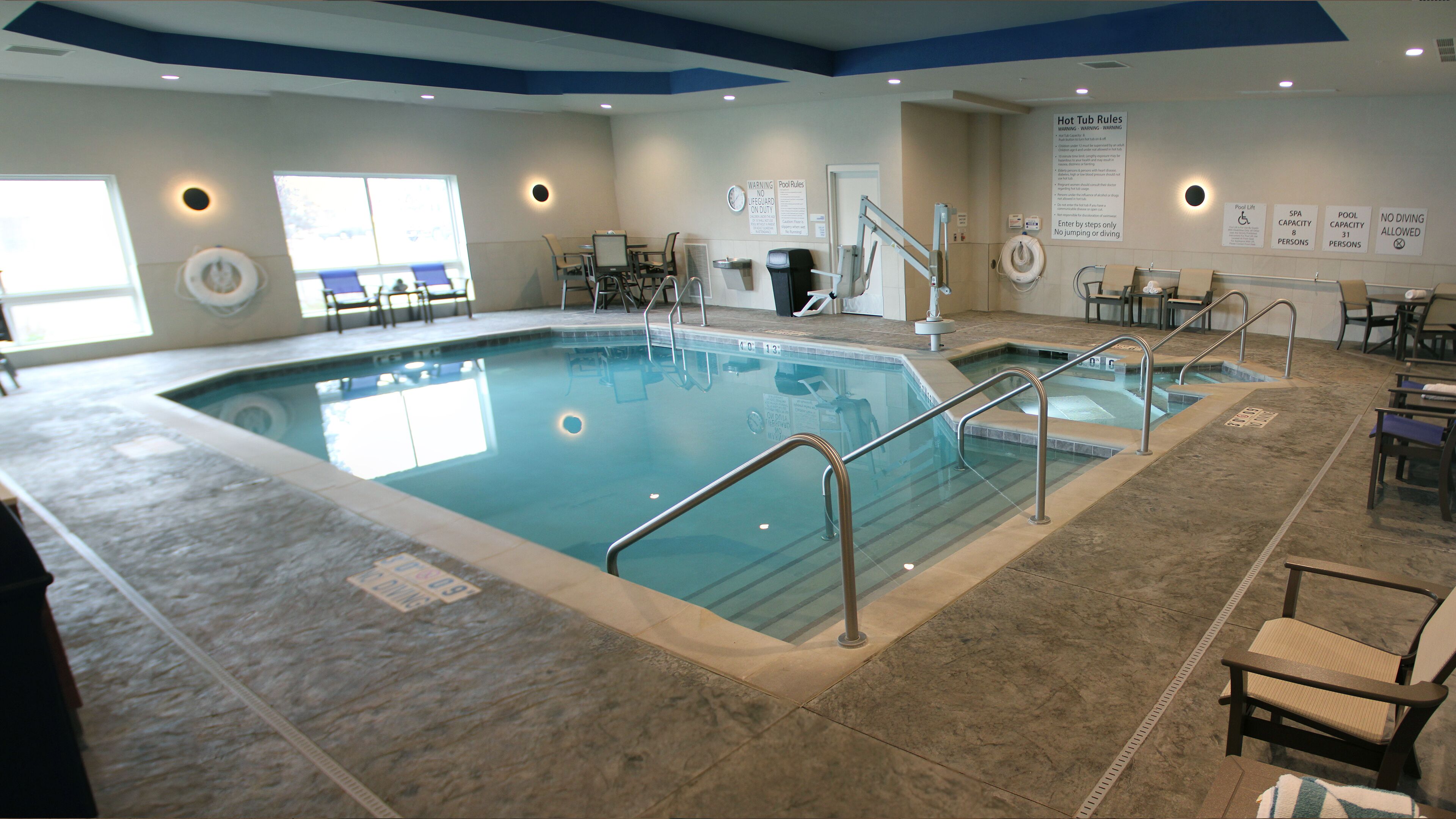 indoor pool, pool loungers
