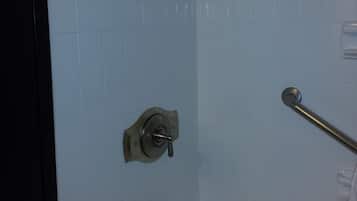 Une salle de bain équipée d’une douche, de toilettes et d’une barre d’appui.