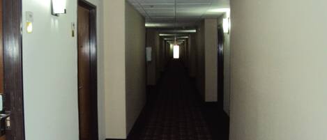 A narrow, dimly lit hallway with a checkered floor, leading to a door at the end.